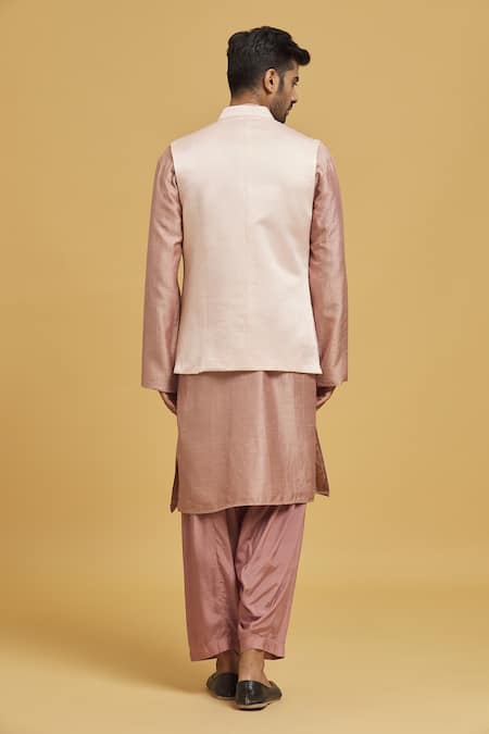 Shop_Seirra Thakur_Peach Cotton Satin Solid Nehru Jacket_at_Aza_Fashions