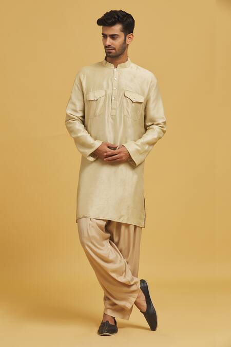 Buy_Seirra Thakur_Beige Silk Plain Kurta And Salwar Set_Online_at_Aza_Fashions