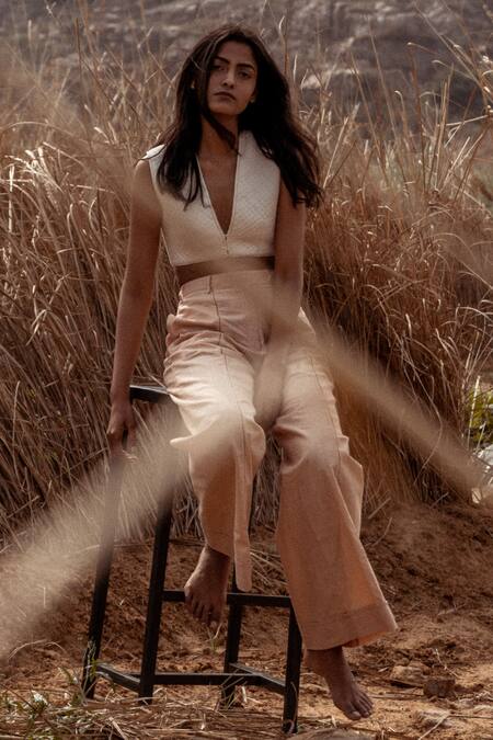 Shop Ahmev Beige Handloom Cotton Solid Trousers Shop_Ahmev_Beige Handloom Cotton Solid Trousers