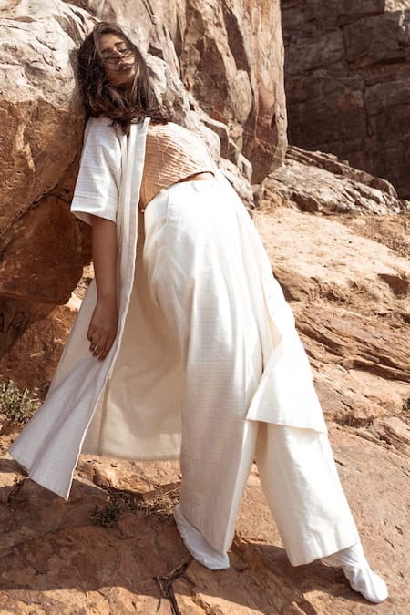 Ahmev Ivory Handloom Cotton Textured Trousers Online at Aza Fashions Ahmev_Ivory Handloom Cotton Textured Trousers _Online_at_Aza_Fashions