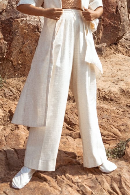 Shop Ahmev Ivory Handloom Cotton Textured Trousers Online at Aza Fashions Shop_Ahmev_Ivory Handloom Cotton Textured Trousers _Online_at_Aza_Fashions