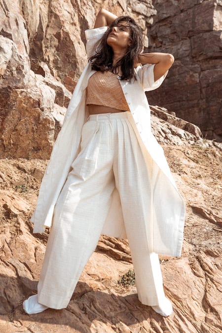 Ahmev Beige Handloom Cotton Square Neck Textured Cami Top 