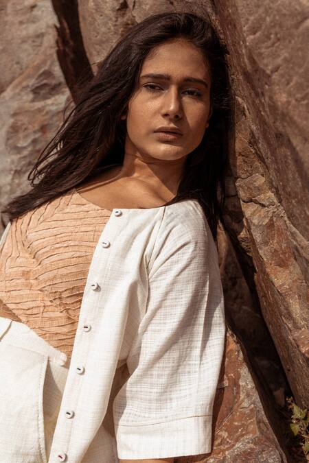 Ahmev Beige Handloom Cotton Square Neck Textured Cami Top at Aza Fashions Ahmev_Beige Handloom Cotton Square Neck Textured Cami Top _at_Aza_Fashions