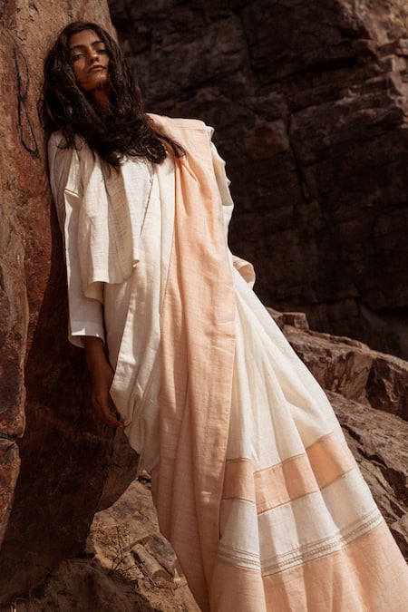 Shop_AHMEV_Ivory Handloom Cotton Lace Stripe Pattern Saree _Online_at_Aza_Fashions