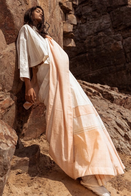 AHMEV_Ivory Handloom Cotton Lace Stripe Pattern Saree _at_Aza_Fashions