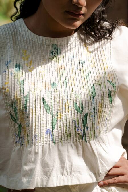 Ahmev_Ivory Cotton Embroidery Round Neck Pintuck Bodice Top _Online_at_Aza_Fashions