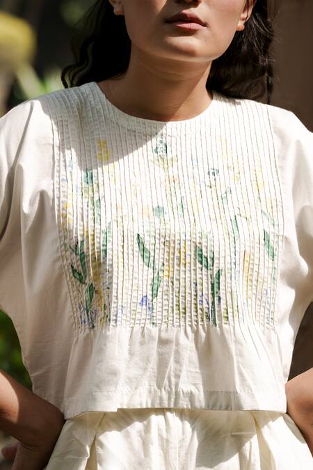 Buy_Ahmev_Ivory Cotton Embroidery Round Neck Pintuck Bodice Top _Online_at_Aza_Fashions