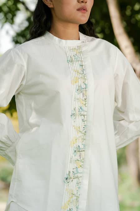 Ahmev_Ivory Cotton Embroidery Mandarin Collar Floral Pintuck Panel Shirt _Online_at_Aza_Fashions