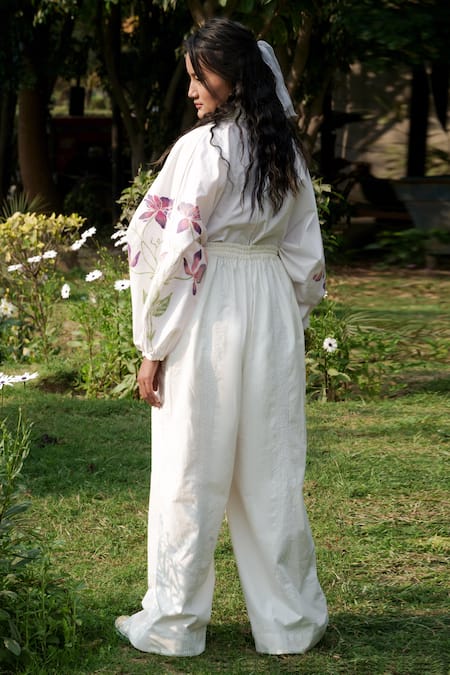 Shop_Ahmev_Ivory Cotton Embroidery Collared Placed Floral Pattern Shirt _at_Aza_Fashions