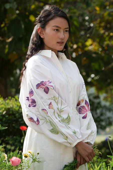 Shop_Ahmev_Ivory Cotton Embroidery Collared Placed Floral Pattern Shirt _Online_at_Aza_Fashions