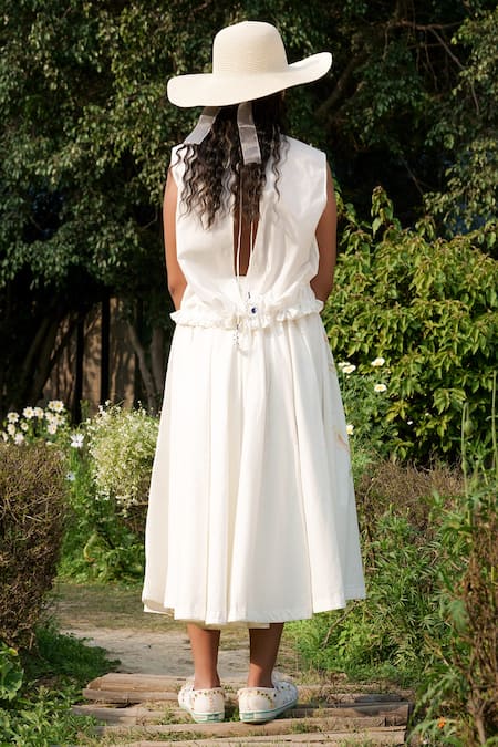 Shop_Ahmev_Ivory Cotton Tassels Round Neck Pintuck Placement Top _at_Aza_Fashions