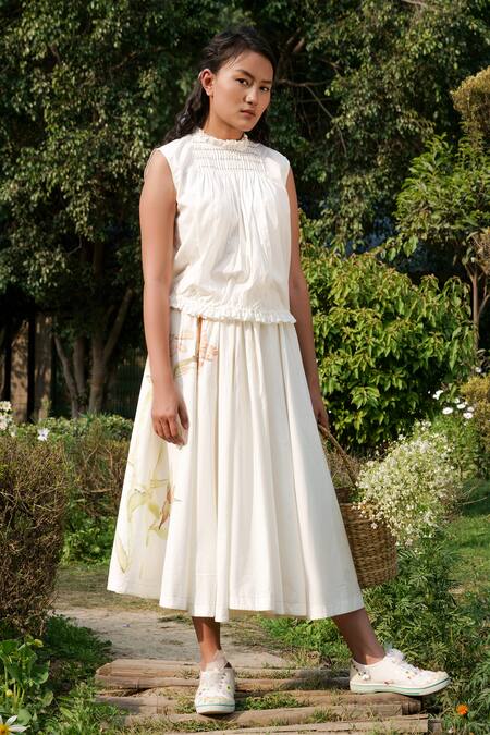 Buy_Ahmev_Ivory Cotton Tassels Round Neck Pintuck Placement Top _Online_at_Aza_Fashions