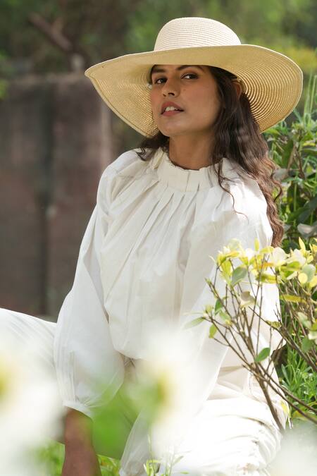 Ahmev_Ivory Cotton Round Neck Pleated Top _Online_at_Aza_Fashions