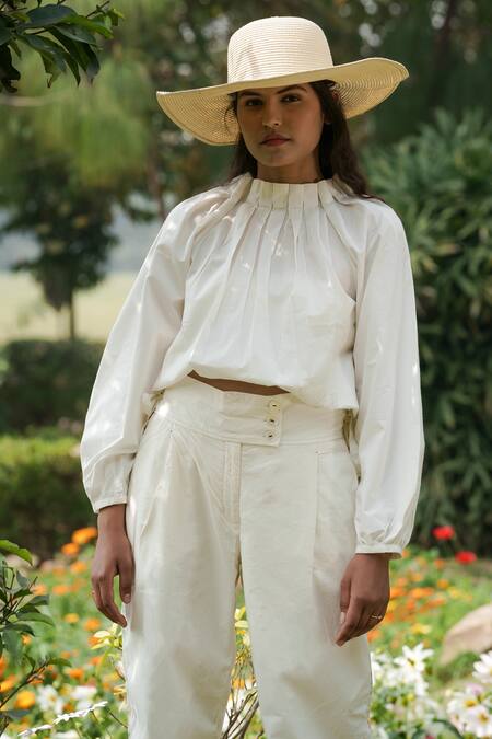Shop_Ahmev_Ivory Cotton Round Neck Pleated Top _Online_at_Aza_Fashions