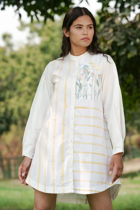Buy_Ahmev_Ivory Cotton Embroidery Mandarin Collar Stripe Pattern Shirt _Online_at_Aza_Fashions