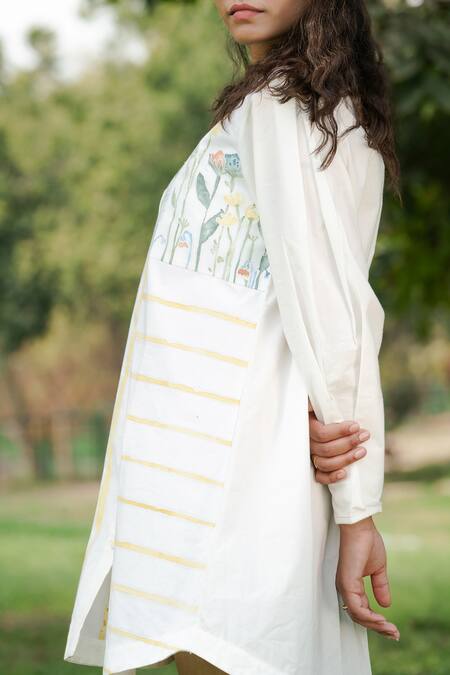 Shop_Ahmev_Ivory Cotton Embroidery Mandarin Collar Stripe Pattern Shirt _Online_at_Aza_Fashions