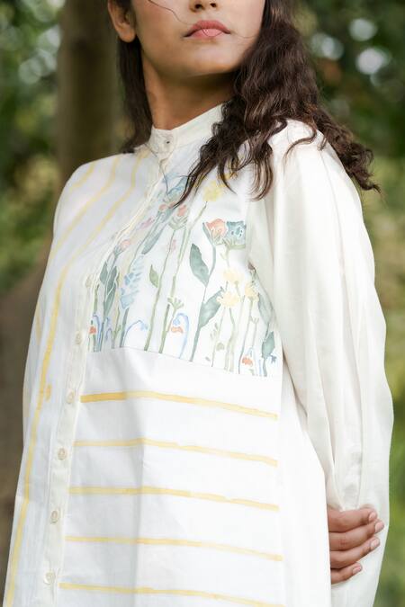 Ahmev_Ivory Cotton Embroidery Mandarin Collar Stripe Pattern Shirt _at_Aza_Fashions
