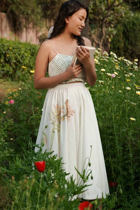 Ahmev_Ivory Cotton Square Neck Stripe Pattern Crop Top _Online_at_Aza_Fashions