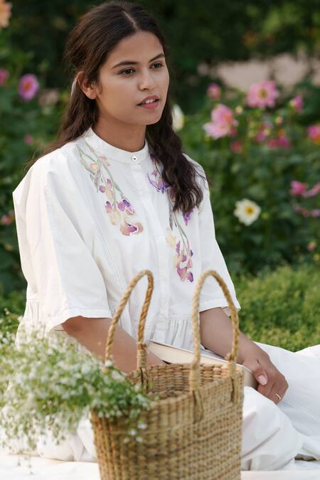 Ahmev_Ivory Cotton Embroidery Mandarin Collar Placement Floral Pattern Dress _Online_at_Aza_Fashions