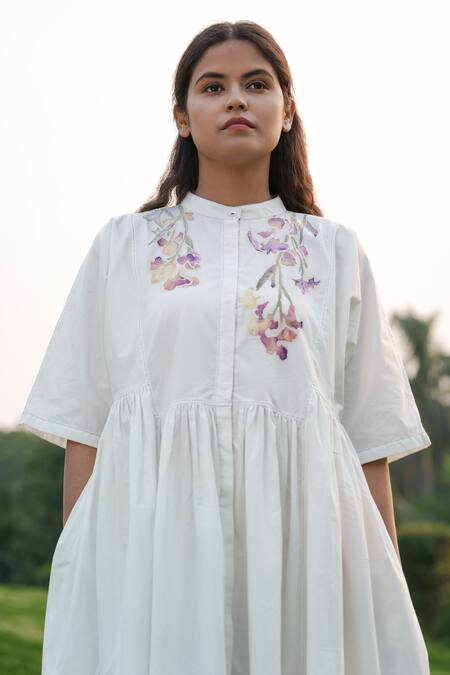 Buy_Ahmev_Ivory Cotton Embroidery Mandarin Collar Placement Floral Pattern Dress _Online_at_Aza_Fashions