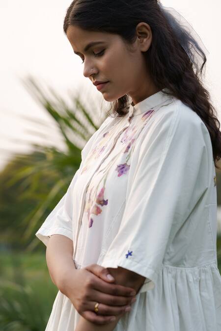 Shop_Ahmev_Ivory Cotton Embroidery Mandarin Collar Placement Floral Pattern Dress _Online_at_Aza_Fashions