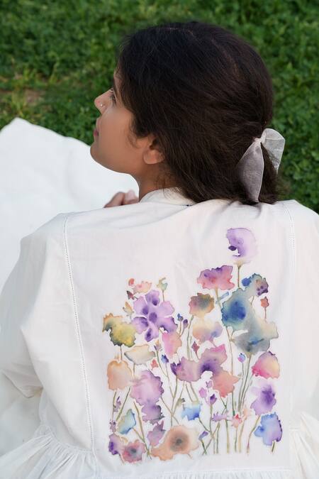 Ahmev_Ivory Cotton Embroidery Mandarin Collar Placement Floral Pattern Dress _at_Aza_Fashions