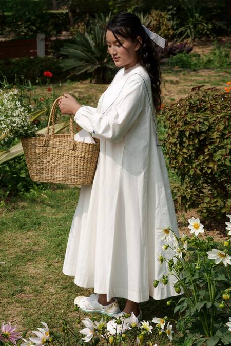 Ahmev_Ivory Cotton, Silk Organza Embroidery Bandeau Neck Floral Patterned Yoke Dress _Online_at_Aza_Fashions