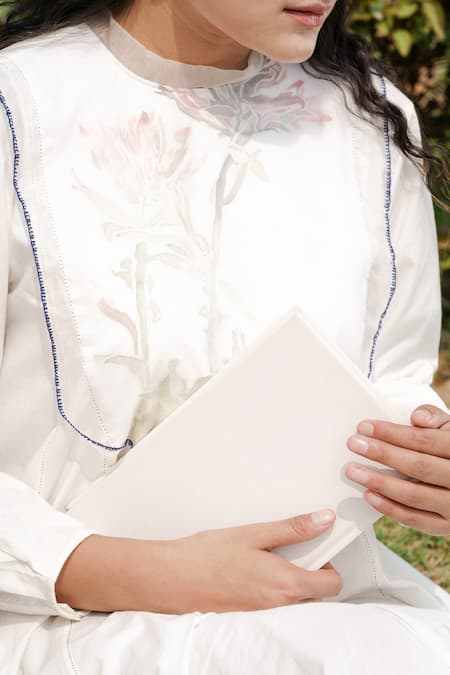 Shop_Ahmev_Ivory Cotton, Silk Organza Embroidery Bandeau Neck Floral Patterned Yoke Dress _Online_at_Aza_Fashions