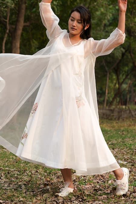 Ahmev_Ivory Cotton, Silk Organza Embroidery Sheer Angarakha With Floral Pattern Slip _Online_at_Aza_Fashions