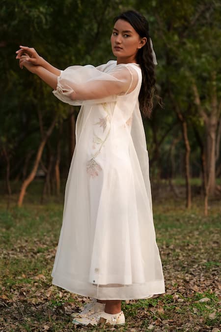 Shop_Ahmev_Ivory Cotton, Silk Organza Embroidery Sheer Angarakha With Floral Pattern Slip _Online_at_Aza_Fashions