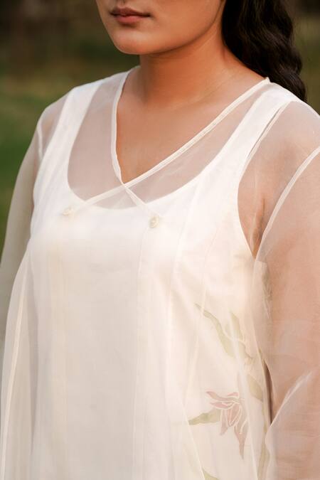 Ahmev_Ivory Cotton, Silk Organza Embroidery Sheer Angarakha With Floral Pattern Slip _at_Aza_Fashions