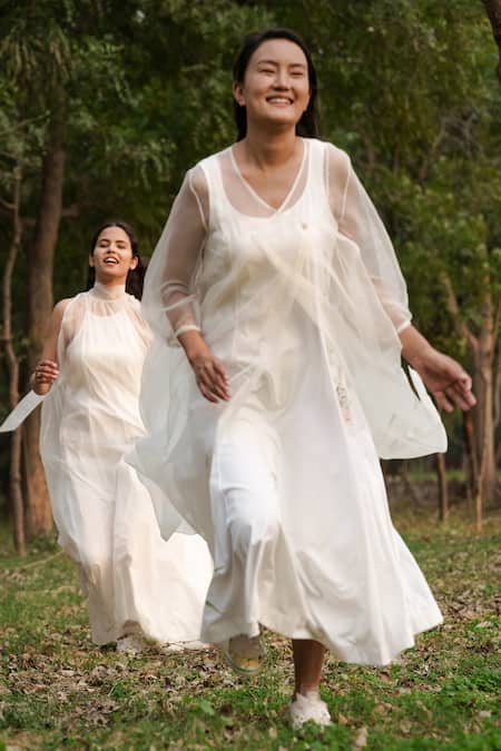 Buy_Ahmev_Ivory Cotton, Silk Organza Embroidery Sheer Angarakha With Floral Pattern Slip 