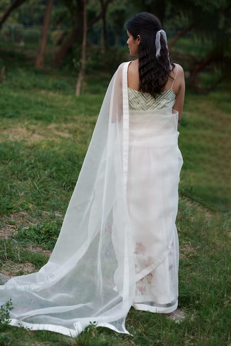 Shop_Ahmev_Ivory Cotton, Silk Organza Embroidery Placement Thread Saree _at_Aza_Fashions