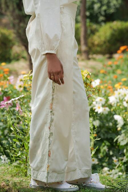 Ahmev_Ivory Cotton Embroidery Floral Side Panel Trousers _Online_at_Aza_Fashions
