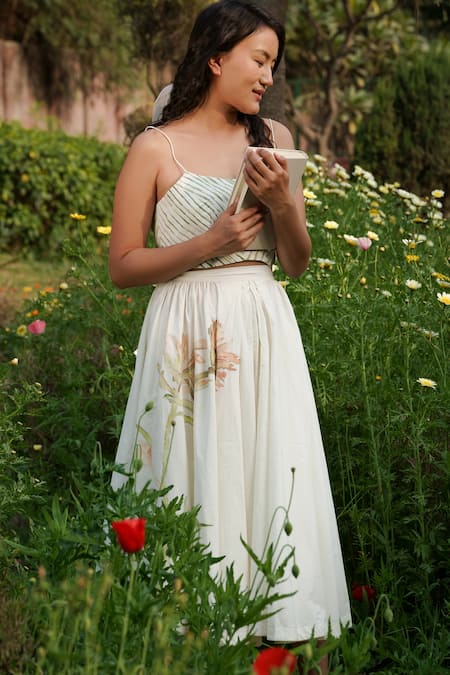 Shop_Ahmev_Ivory Cotton Embroidery Handpainted Floral Placement Skirt _at_Aza_Fashions