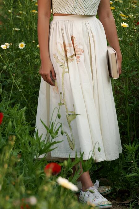 Ahmev_Ivory Cotton Embroidery Handpainted Floral Placement Skirt _Online_at_Aza_Fashions