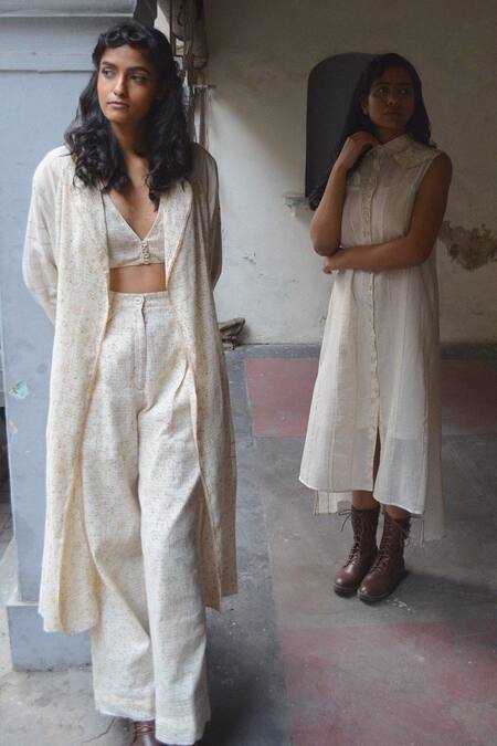 Ahmev_Ivory Cotton Collared Raglan Sleeves Checkered Flora Print Jacket _at_Aza_Fashions