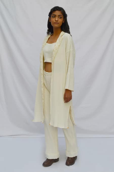 Ahmev Ivory Cotton Embroidery Collared Reversible Bloom Print Jacket 