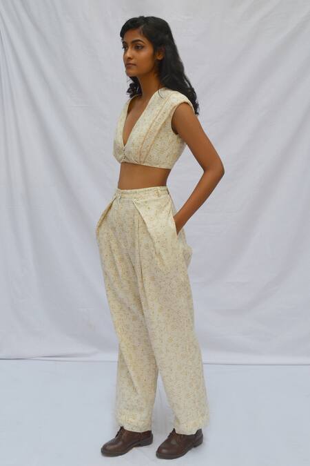 Buy_Ahmev_Ivory Cotton Overlap Pleated Pant _Online_at_Aza_Fashions