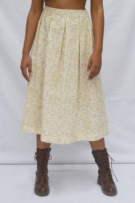 Ahmev Ivory Cotton Blossom Print Midi Skirt Online at Aza Fashions Ahmev_Ivory Cotton Blossom Print Midi Skirt _Online_at_Aza_Fashions