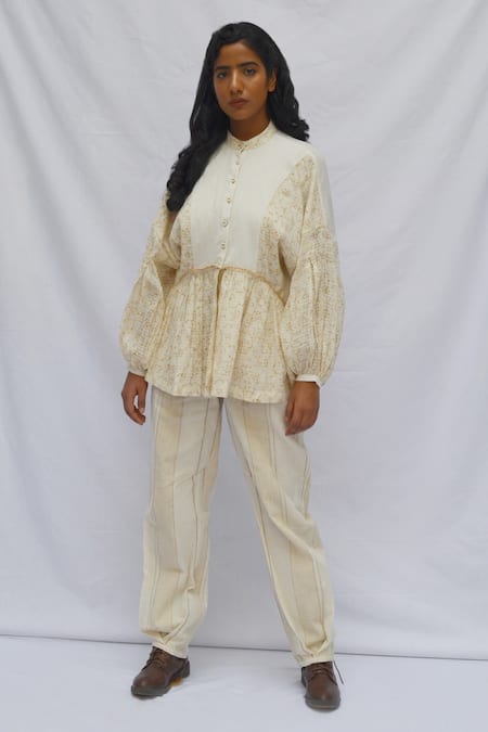 Ahmev Ivory Kota Doria, Cotton Mandarin Collar Checkered Bloom Voluminous Sleeves Top 