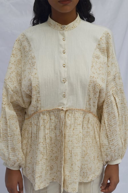 Ahmev Ivory Kota Doria, Cotton Mandarin Collar Checkered Bloom Voluminous Sleeves Top Online at Aza Fashions Ahmev_Ivory Kota Doria, Cotton Mandarin Collar Checkered Bloom Voluminous Sleeves Top _Online_at_Aza_Fashions