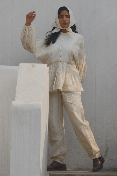 Shop_Ahmev_Ivory Kota Doria, Cotton Mandarin Collar Checkered Bloom Voluminous Sleeves Top _Online_at_Aza_Fashions