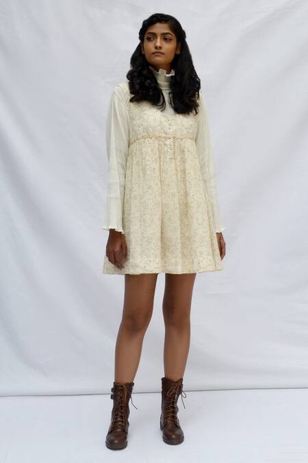 Ahmev Ivory Kota Doria, Cotton Round Neck Checkered Tulip Garden Pattern Dress 