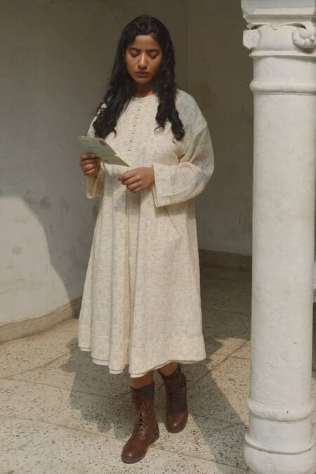 Buy Ahmev Ivory Kota Doria, Cotton Round Neck Checkered Flowery Garden Pattern Dress Online at Aza Fashions Buy_Ahmev_Ivory Kota Doria, Cotton Round Neck Checkered Flowery Garden Pattern Dress _Online_at_Aza_Fashions