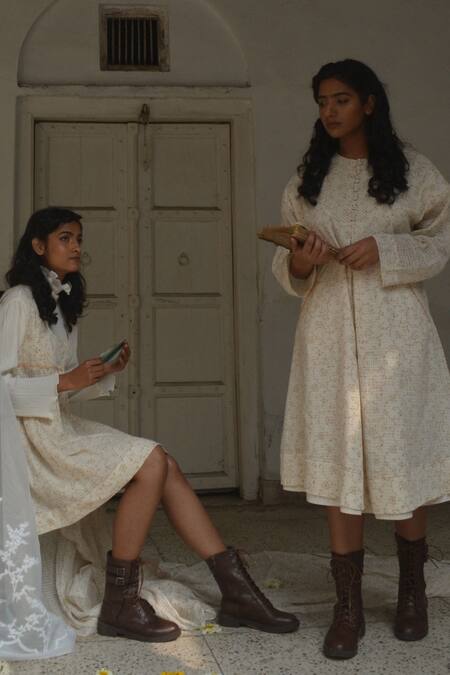 Shop Ahmev Ivory Kota Doria, Cotton Round Neck Checkered Flowery Garden Pattern Dress Online at Aza Fashions Shop_Ahmev_Ivory Kota Doria, Cotton Round Neck Checkered Flowery Garden Pattern Dress _Online_at_Aza_Fashions