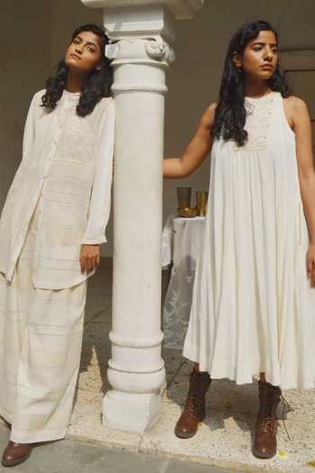 Ahmev_Ivory Kota Doria Halter Neck Gathered Dress _Online_at_Aza_Fashions