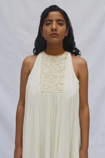 Buy_Ahmev_Ivory Kota Doria Halter Neck Gathered Dress _Online_at_Aza_Fashions