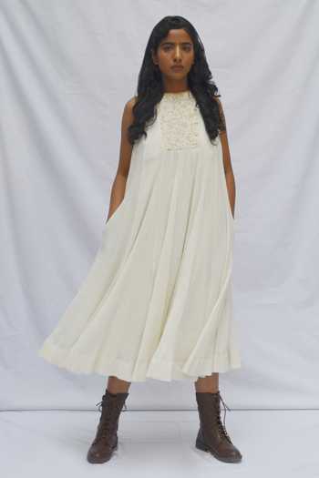 Shop_Ahmev_Ivory Kota Doria Halter Neck Gathered Dress _Online_at_Aza_Fashions