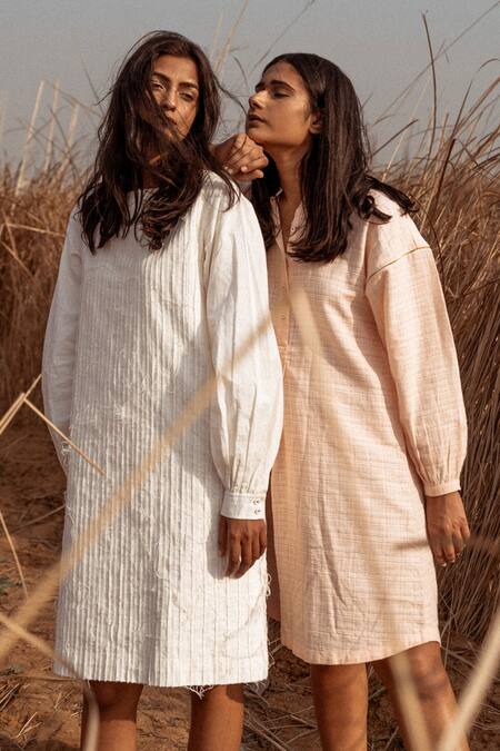 Ahmev_Ivory Handloom Cotton Zari Boat Neck Puffed Sleeves Dress _Online_at_Aza_Fashions